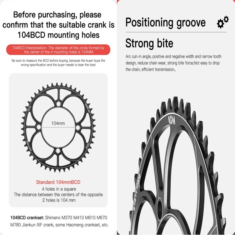 YBEKI 104BCD Chainring - CNC 7075-T6 Aluminum Narrow-Wide Round Chainwheel for MTB/Road Bikes (32-52T) | Compatible with Shimano/SRAM 8-11 Speed | Ultra-Light | Anti-Drop Design (Black/Red) - Image 5